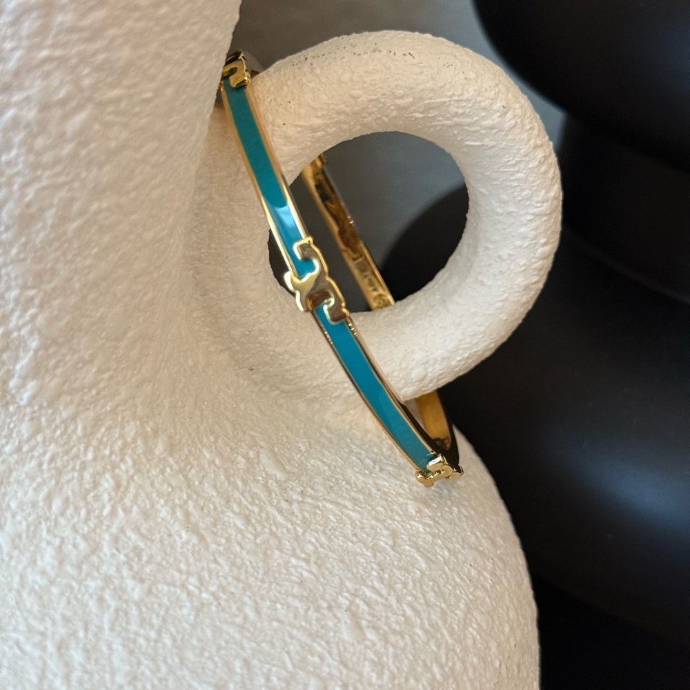 Tory Burch Gold and Teal Enamel Bangle Bracelet